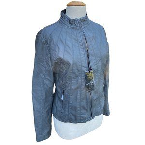 NWT Made By Johnny Women's Gray Y2K Vegan Leather Bomber Moto Baddie Jacket-L